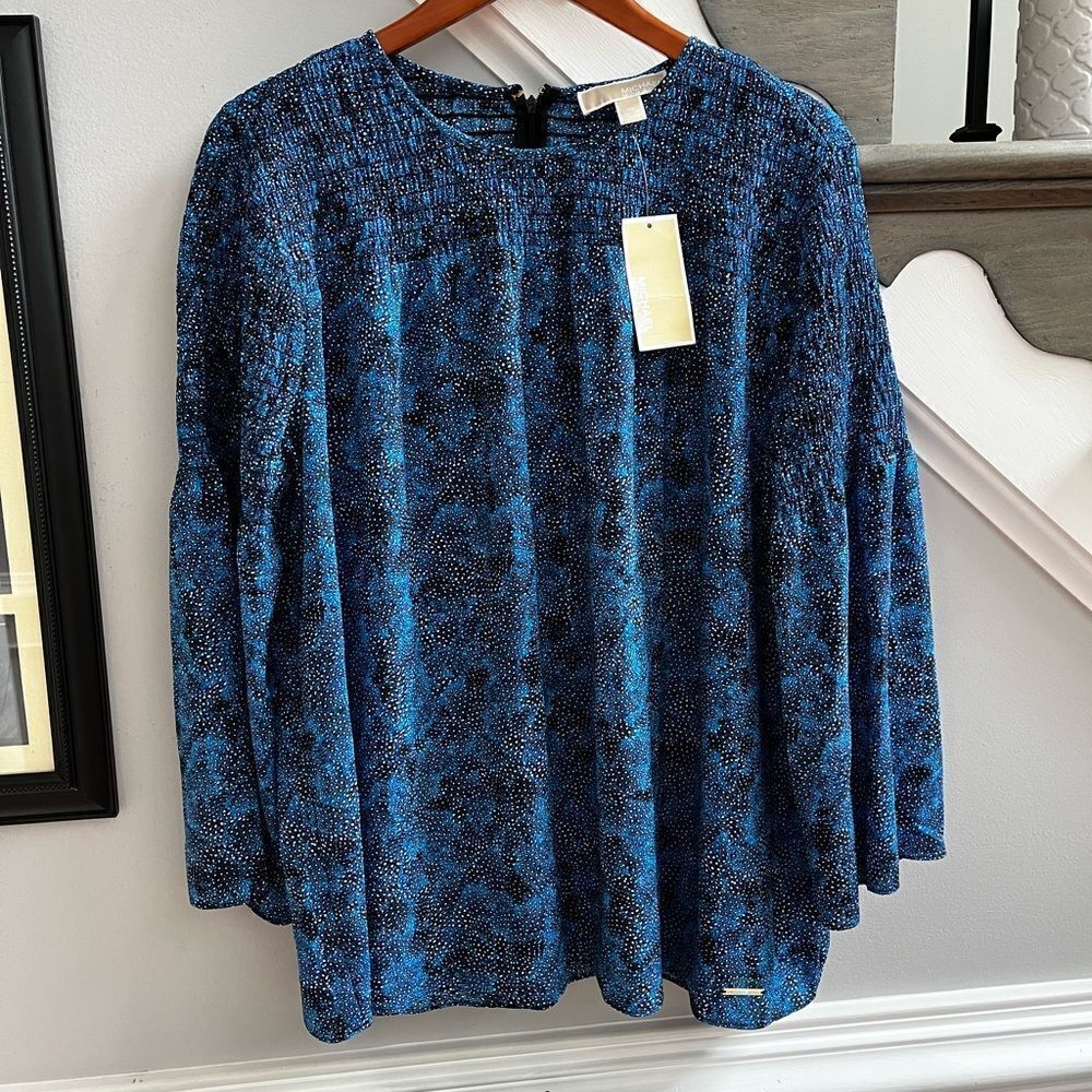Michael Michael Kors Blue Smocked Abstract Dot Print Blouse sz XL NWT
